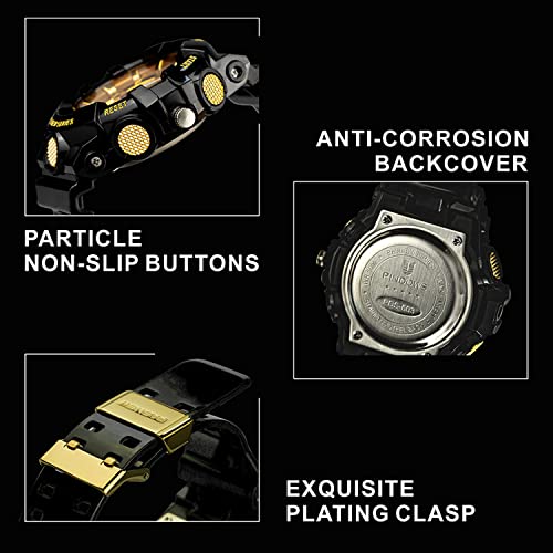 PINIDOUS Mens Watch for Men Digital Sport Watch Gold Watches Waterproof Watches with 3 Alarms/Countdown/Stopwatch/Digital-Analog/Dual Time/Light/Military Multifunctional Wrist Watch