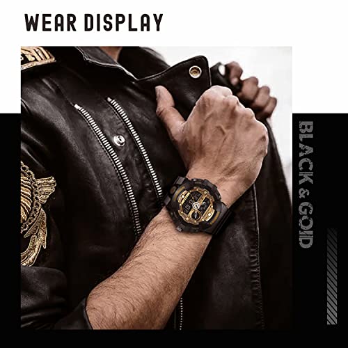 PINIDOUS Mens Watch for Men Digital Sport Watch Gold Watches Waterproof Watches with 3 Alarms/Countdown/Stopwatch/Digital-Analog/Dual Time/Light/Military Multifunctional Wrist Watch