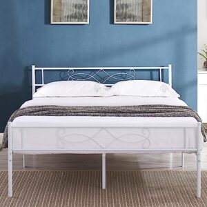vecelo 14" full size white metal platform bed frame with headboard,premium steel slat support/no box spring needed/noise-free/easy assembly