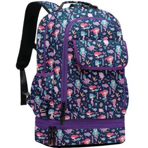 leaper water-resistant cute mermaid laptop backpack double deck lunch bag satchel purple