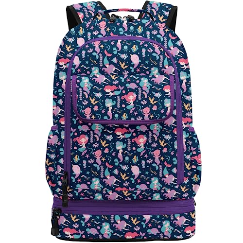 Leaper Water-resistant Cute Mermaid Laptop Backpack Double Deck Lunch Bag Satchel Purple