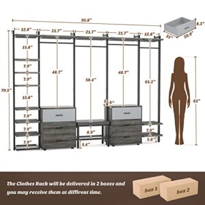 Aheaplus Clothing Rack Heavy Duty Closet Organizer for Hanging Clothes, Large Wall Mounted Garment Rack Clothes Rack with 6-Drawers for Wardrobe, Bedroom and as Walk-in Closet System, Grey Oak+Black