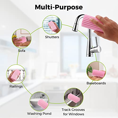 Jeymei 4-Pack Damp Clean Duster Sponge, Sponge Cleaning Brush, Duster for Cleaning Blinds, Glass, Baseboards, Vents, Railings, Mirrors, Window Track Grooves and Faucets Non-Scratch Sponges Pink