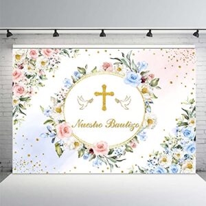 mehofond 7x5ft nuestro bautizo backdrop for boys and girls pastel pink blue floral baptism first holy communion photography background gold cross peace doves christening photo banner