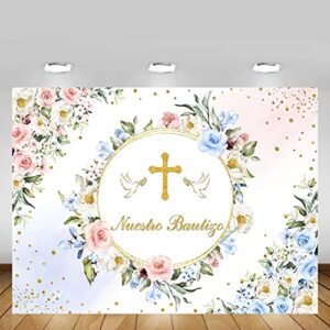 MEHOFOND 7x5ft Nuestro Bautizo Backdrop for Boys and Girls Pastel Pink Blue Floral Baptism First Holy Communion Photography Background Gold Cross Peace Doves Christening Photo Banner