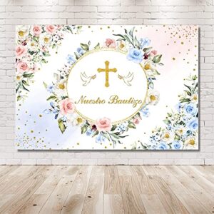 MEHOFOND 7x5ft Nuestro Bautizo Backdrop for Boys and Girls Pastel Pink Blue Floral Baptism First Holy Communion Photography Background Gold Cross Peace Doves Christening Photo Banner