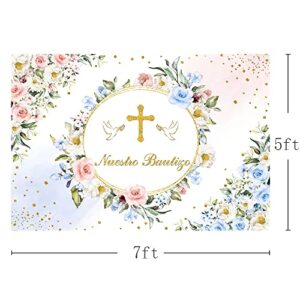 MEHOFOND 7x5ft Nuestro Bautizo Backdrop for Boys and Girls Pastel Pink Blue Floral Baptism First Holy Communion Photography Background Gold Cross Peace Doves Christening Photo Banner