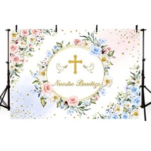 MEHOFOND 7x5ft Nuestro Bautizo Backdrop for Boys and Girls Pastel Pink Blue Floral Baptism First Holy Communion Photography Background Gold Cross Peace Doves Christening Photo Banner