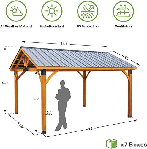 U-MAX Wooden Gazebo 14.5x11ft for Outdoor BBQ Grill and Relaxation, Sturdy Brown Permanent Pavilion for Patios, Gardens, and Lawns