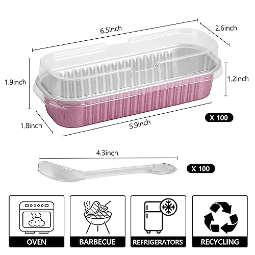 Ruckae 100 Pack Mini Loaf Pan Mini Loaf Baking Pans with Lids and Spoons,Disposable Aluminum Foil Pans, Rectangle Tin Foil Pans with Lids for Home, Pary, Picnics (Pink)