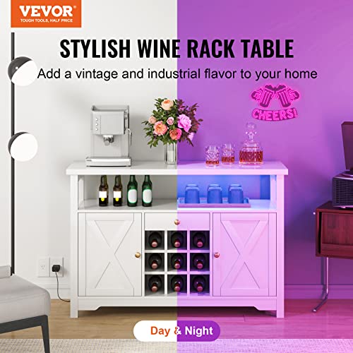 VEVOR 47 Inch Industrial Bar Cabinet, Wine Table for Liquor & Glasses, Sideboard Buffet Cabinet with Wine Rack, Freestanding Farmhouse Wood Coffee Bar Cabinet for Living Room, Home Bar, Kitchen White