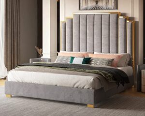 albott king size platform bed frame, 65" velvet upholstered bed with gold trim headboard/wooden slats/no box spring needed/grey