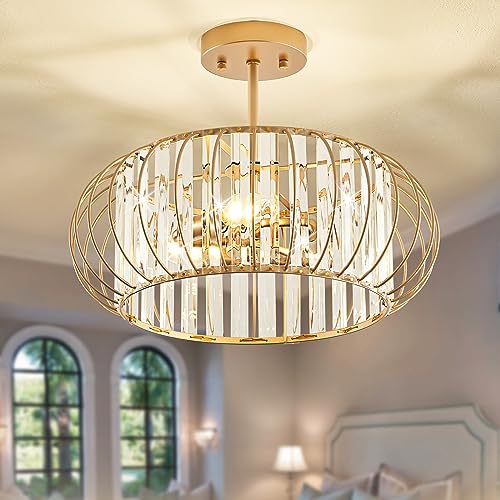 VIOLOEMI Modern Gold Close to Ceiling Light Fixtures, Crystal Semi Flush Mount Ceiling Light, Metal 3-Light Ceiling Lamp for Hallway Bedroom Living Room Dining Room(Bulb Not Include)