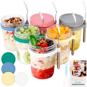 overnight oats containers with lids and spoons - mason jars 16 oz with lids - glass jar with lid 6pack yogurt containers with lids for overnight oats, meal prep,yogurt,chia pudding, salad, fruit