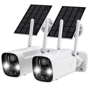 menggood solar security cameras wireless outdoor 2 pack,2k outdoor wireless cameras for home security,no monthly fee,color night vision/ai motion detection/2-way audio/work with alexa-white