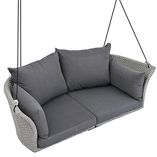 Wicker Porch Swing 2-Person Rattan Hanging Swing Bench Woven Outdoor Swing Chair with Adjustable Ropes & Cushions, for Patio Backyard Poolside Garden, Gray Wicker