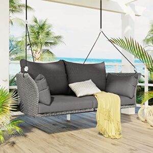 wicker porch swing 2-person rattan hanging swing bench woven outdoor swing chair with adjustable ropes & cushions, for patio backyard poolside garden, gray wicker