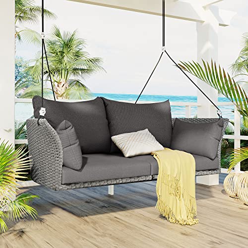 Wicker Porch Swing 2-Person Rattan Hanging Swing Bench Woven Outdoor Swing Chair with Adjustable Ropes & Cushions, for Patio Backyard Poolside Garden, Gray Wicker