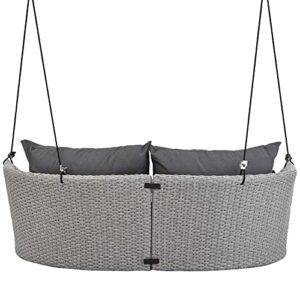 Wicker Porch Swing 2-Person Rattan Hanging Swing Bench Woven Outdoor Swing Chair with Adjustable Ropes & Cushions, for Patio Backyard Poolside Garden, Gray Wicker