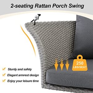 Wicker Porch Swing 2-Person Rattan Hanging Swing Bench Woven Outdoor Swing Chair with Adjustable Ropes & Cushions, for Patio Backyard Poolside Garden, Gray Wicker