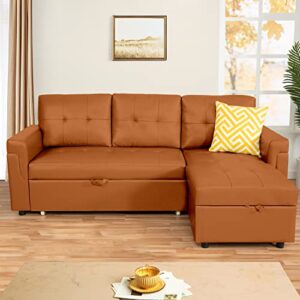 perry modern sectional sleeper sofa with pull out bed, reversible sleeper sectional sofa bed, best sleeper sofa couch with 168l storage, l-shape pull out couch bed sleeper sofa - caramel,air leather