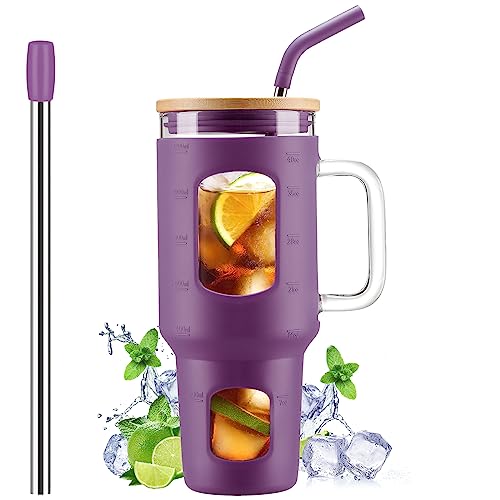 WINSA Glass Tumbler with Straw and Lid, 40 oz glass cup with handle, Glass Water Bottles with Time Marker,Two Straw - Boba Straw & Drinking Straw Silicone Protective Sleeve-Dark Purple