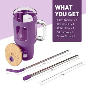 WINSA Glass Tumbler with Straw and Lid, 40 oz glass cup with handle, Glass Water Bottles with Time Marker,Two Straw - Boba Straw & Drinking Straw Silicone Protective Sleeve-Dark Purple