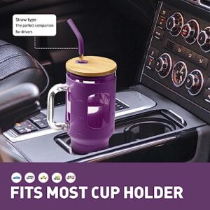 WINSA Glass Tumbler with Straw and Lid, 40 oz glass cup with handle, Glass Water Bottles with Time Marker,Two Straw - Boba Straw & Drinking Straw Silicone Protective Sleeve-Dark Purple