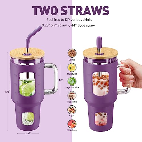 WINSA Glass Tumbler with Straw and Lid, 40 oz glass cup with handle, Glass Water Bottles with Time Marker,Two Straw - Boba Straw & Drinking Straw Silicone Protective Sleeve-Dark Purple