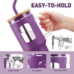 WINSA Glass Tumbler with Straw and Lid, 40 oz glass cup with handle, Glass Water Bottles with Time Marker,Two Straw - Boba Straw & Drinking Straw Silicone Protective Sleeve-Dark Purple