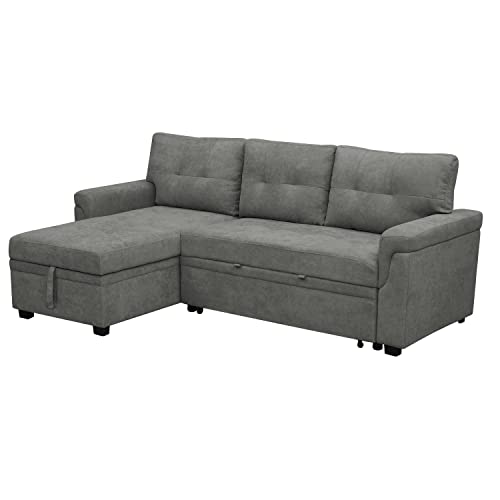 Perry Modern Sectional Sleeper Sofa with Pull Out Bed, Reversible Sleeper Sectional Sofa Bed, Best Sleeper Sofa Couch with 168L Storage, L-Shape Pull Out Couch Bed Sleeper Sofa - Gray,Velvet