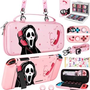 Xinocy for Nintendo Switch 9 in 1 Storage Accessories Kit with Travel Carrying Case+Switch Protective Cover+Game Case Holder+Strap+Sticker+2 Joycon Shells+2 Thumb Caps Cute Funny for Girls Kids p