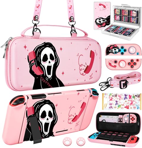 Xinocy for Nintendo Switch 9 in 1 Storage Accessories Kit with Travel Carrying Case+Switch Protective Cover+Game Case Holder+Strap+Sticker+2 Joycon Shells+2 Thumb Caps Cute Funny for Girls Kids p