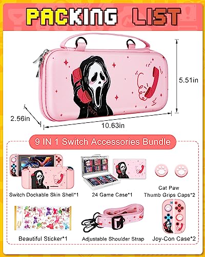 Xinocy for Nintendo Switch 9 in 1 Storage Accessories Kit with Travel Carrying Case+Switch Protective Cover+Game Case Holder+Strap+Sticker+2 Joycon Shells+2 Thumb Caps Cute Funny for Girls Kids p