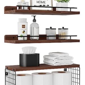 Xeapoms Floating Shelves with Wire Storage Basket, Wall Mounted Bathroom Shelves Over Toilet with Metal Guardrail, Rustic Wood Wall Shelf for Bathroom Decor,Bedroom,Living Room,Kitchen – Rustic Brown