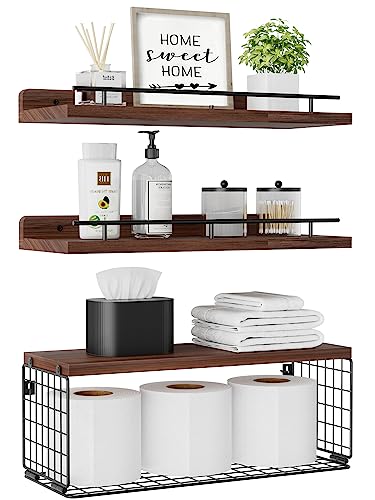 Xeapoms Floating Shelves with Wire Storage Basket, Wall Mounted Bathroom Shelves Over Toilet with Metal Guardrail, Rustic Wood Wall Shelf for Bathroom Decor,Bedroom,Living Room,Kitchen – Rustic Brown