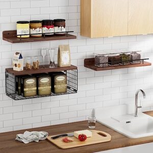 Xeapoms Floating Shelves with Wire Storage Basket, Wall Mounted Bathroom Shelves Over Toilet with Metal Guardrail, Rustic Wood Wall Shelf for Bathroom Decor,Bedroom,Living Room,Kitchen – Rustic Brown