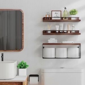 Xeapoms Floating Shelves with Wire Storage Basket, Wall Mounted Bathroom Shelves Over Toilet with Metal Guardrail, Rustic Wood Wall Shelf for Bathroom Decor,Bedroom,Living Room,Kitchen – Rustic Brown