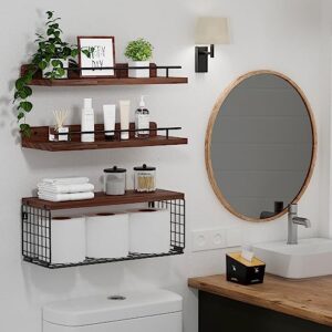 Xeapoms Floating Shelves with Wire Storage Basket, Wall Mounted Bathroom Shelves Over Toilet with Metal Guardrail, Rustic Wood Wall Shelf for Bathroom Decor,Bedroom,Living Room,Kitchen – Rustic Brown