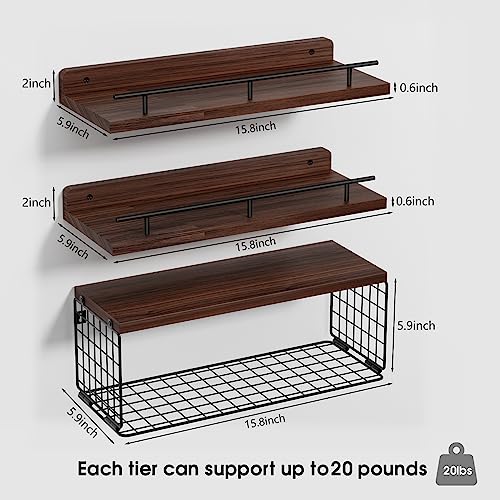 Xeapoms Floating Shelves with Wire Storage Basket, Wall Mounted Bathroom Shelves Over Toilet with Metal Guardrail, Rustic Wood Wall Shelf for Bathroom Decor,Bedroom,Living Room,Kitchen – Rustic Brown