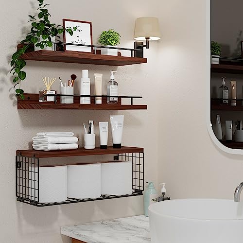 Xeapoms Floating Shelves with Wire Storage Basket, Wall Mounted Bathroom Shelves Over Toilet with Metal Guardrail, Rustic Wood Wall Shelf for Bathroom Decor,Bedroom,Living Room,Kitchen – Rustic Brown