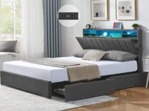 alohappy full size bed frame with 2 storage drawers, led bed frame with charging station and adjustable bookcase headboard, upholstered mattress foundation, no box spring needed, dark grey