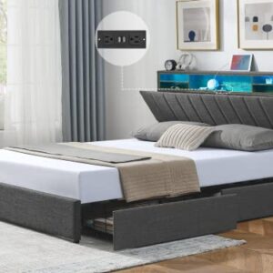 Alohappy Full Size Bed Frame with 2 Storage Drawers, LED Bed Frame with Charging Station and Adjustable Bookcase Headboard, Upholstered Mattress Foundation, No Box Spring Needed, Dark Grey