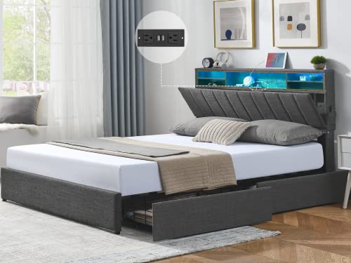 Alohappy Full Size Bed Frame with 2 Storage Drawers, LED Bed Frame with Charging Station and Adjustable Bookcase Headboard, Upholstered Mattress Foundation, No Box Spring Needed, Dark Grey