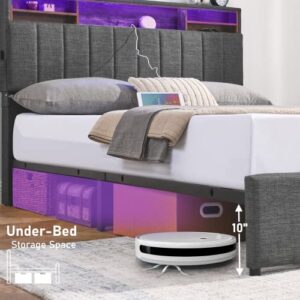 Alohappy Full Size Bed Frame with 2 Storage Drawers, LED Bed Frame with Charging Station and Adjustable Bookcase Headboard, Upholstered Mattress Foundation, No Box Spring Needed, Dark Grey