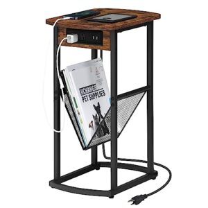 hzuaneri side table with charging station, end table with v-mesh magazine holder, industrial record player stand with cd album storage shelf, rustic brown and black et05401b
