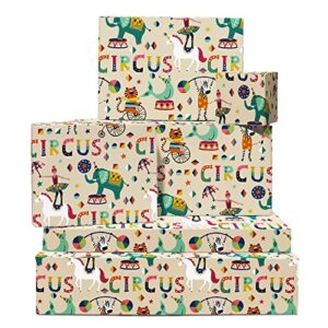 central 23 kids wrapping paper - 6 sheets of birthday gift wrap - circus party - elephant unicorn tiger - for boys and girls - recyclable