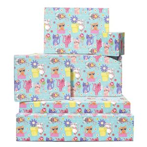central 23 cat wrapping paper - 6 sheets of floral birthday gift wrap - girly kittens - kitty - for kids girls women - pastel - fur mom - comes with stickers - recyclable