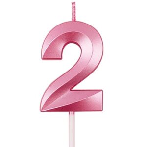 number 2 birthday cake candles, 3d shape number birthday candle, 2nd birthday cake topper decorations (pink)