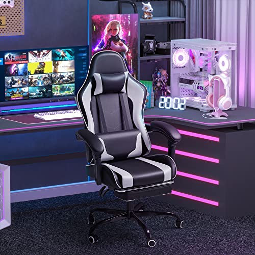 Homall Gaming Chair, Video Game Chair with Footrest and Massage Lumbar Support, Ergonomic Computer Chair Height Adjustable with Swivel Seat and Headrest (White)